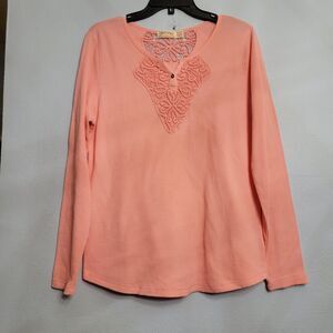 Y2K Faded Glory Waffle Knit Thermal Top Crochet Lace Womens XL Pink Cottagecore